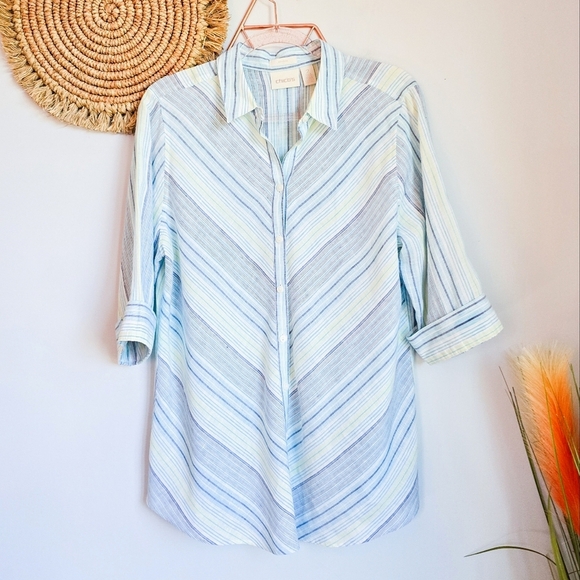 Chico's, Coastal No Iron 100% Linen Blue Stripe Button Front Top, Size Large - Picture 2 of 13